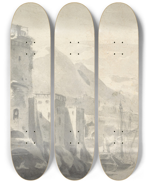 Triptych art skateboard deck of Thomas Wijck Fortified Buildings Rising Steeply From A River Bank With Boat Centre And Distant Mountains by Thomas Wijck (1616-1677)