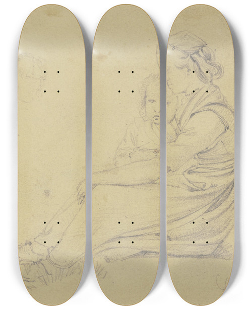 Triptych art skateboard deck of Jakob Frchtegott Dielmann Eine Frau Sitzt Auf Der Erde Und Hat Ein Kind Auf Dem Scho Im Profil Nach Links Daneben Zwei Kleine Kpfchen by Jakob Furchtegott Dielmann (1809-1885)