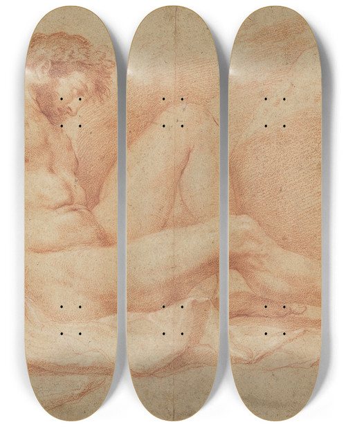 Triptych art skateboard deck of Andrea Sacchi Academic Nude Study Of A Seated Male by Andrea Sacchi (1599-1661)
