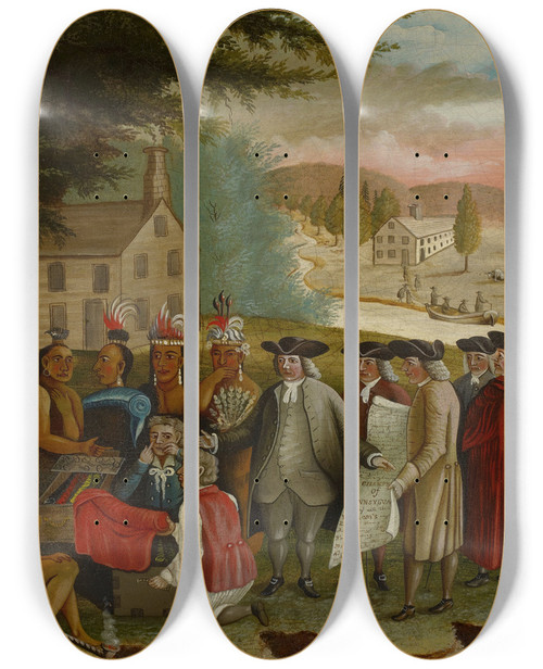 Triptych art skateboard deck of Edward Hicks Penns Treaty With The Indians by Edward Hicks (1780-1849)