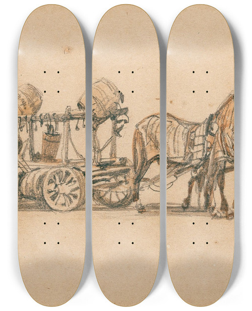 Triptych art skateboard deck of Rudolf Von Alt A Cart With Beer Barrels by Rudolf Von Alt (1812-1905)