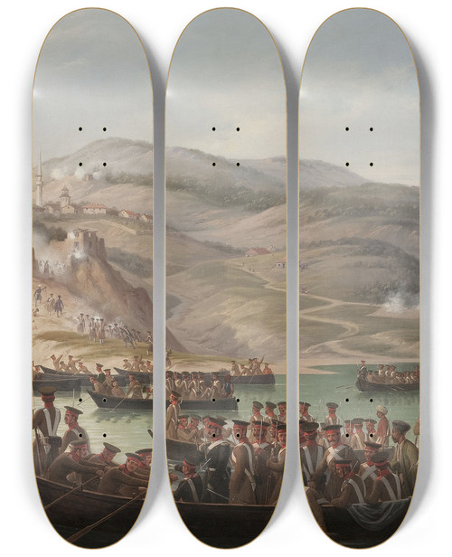 Triptych art skateboard deck of January Suchodolski Episode In The Caucasian Wars Crossing The River In Arcx by January Suchodolski (1797-1875)