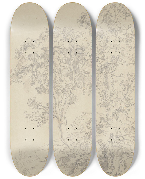 Triptych art skateboard deck of Friedrich Metz Zwei Von Gebsch Umstandene Bume by Friedrich Metz (1820-1901)