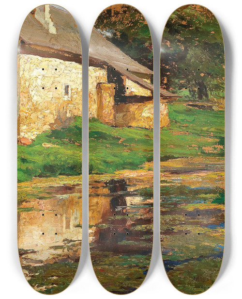 Triptych art skateboard deck of Olga Wisingerflorian The Pond Behind The House by Olga Wisinger-Florian (1844-1926)