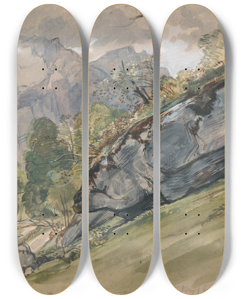 Triptych art skateboard deck of John Frederick Lewis The Valley Of Lutscheuen by John Frederick Lewis (1805-1876)