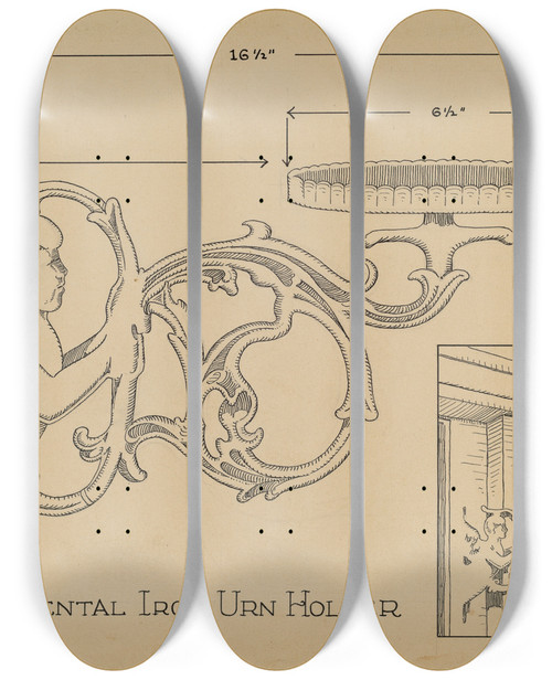 Triptych art skateboard deck of Thomas Byrne Cast Iron Urn Holder by Thomas Byrne