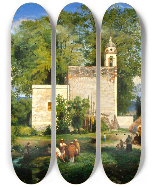 Triptych art skateboard deck of Luis Coto Landscape Of San Cristbal Romita by Luis Coto (1830-1891)