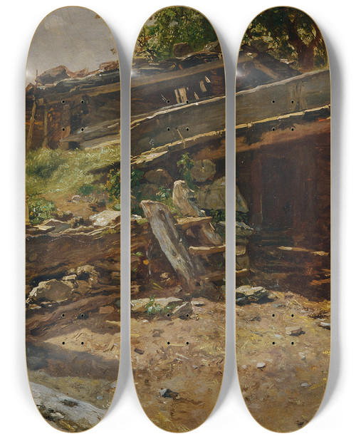 Triptych art skateboard deck of Anton Schrdl Brunnen Beim Wolferlbauer In Bruckfusch by Anton Schrodl (1820-1906)