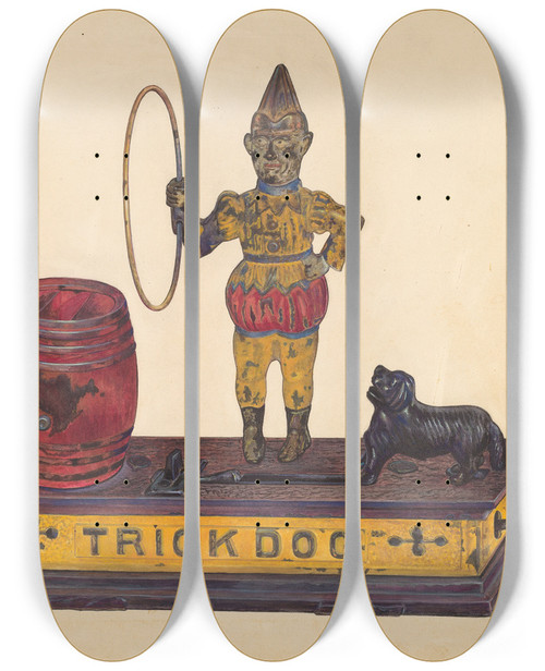 Triptych art skateboard deck of George File Toy Bank Trick Dog by George File