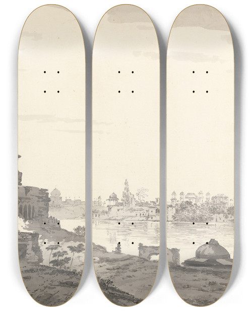 Triptych art skateboard deck of William Hodges Original Drawings For Choix De Vues De Linde And Others Pl09 by William Hodges (1744-1797)