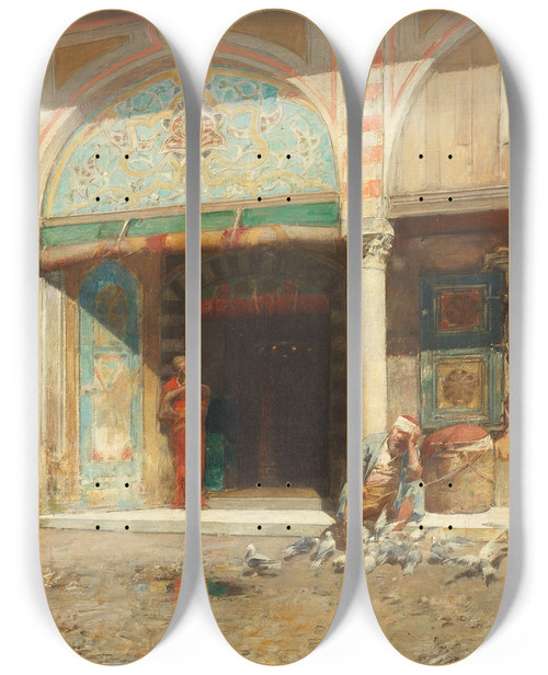 Triptych art skateboard deck of Alberto Pasini Outside The Mosque_2 by Alberto Pasini (1826-1899)