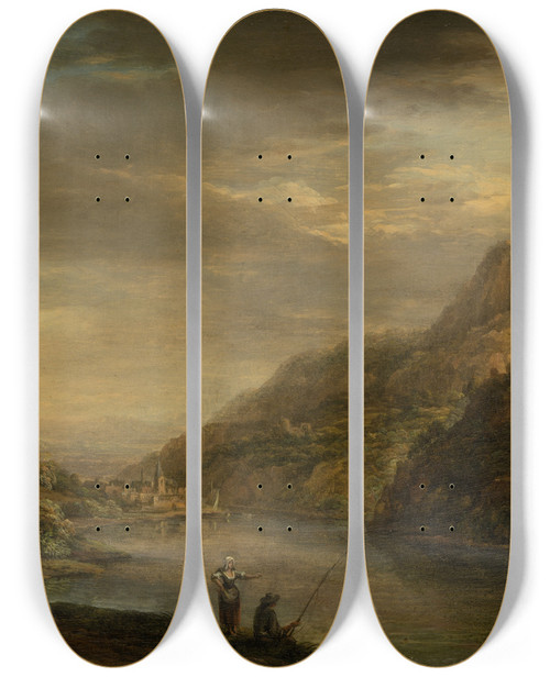 Triptych art skateboard deck of Christian Georg Schtz The Elder Mountainous River Landscape With Rainbow by Christian Georg Schtz the elder (1718-1791)