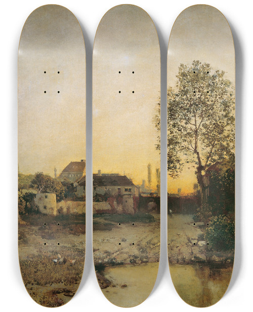 Triptych art skateboard deck of Robert Russ Landschaft Mit Weiher Und Gehften by Robert Russ (1847-1922)