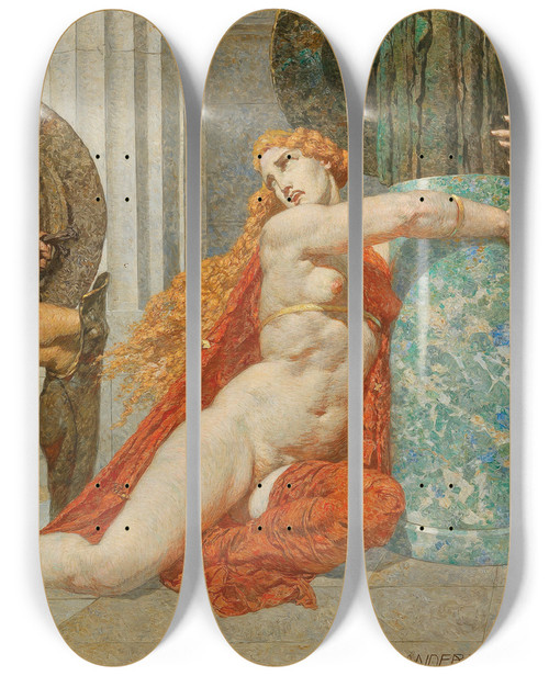 Triptych art skateboard deck of Alexander Rothaug Menelaos Findet Helena by Alexander Rothaug (1870-1946)