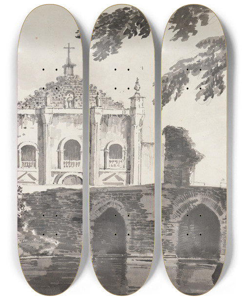 Triptych art skateboard deck of William Hodges Original Drawings For Choix De Vues De Linde And Others Pl50 by William Hodges (1744-1797)
