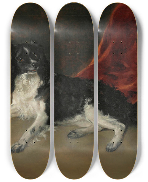 Triptych art skateboard deck of Ramsay Richard Reinagle A King Charles Spaniel By A Fireplace by Ramsay Richard Reinagle (1775-1862)