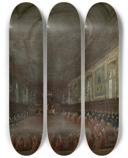 Triptych art skateboard deck of Francesco Guardi Pope Pius Vi Descending The Throne To Take Leave Of The Doge In The Hall Of Ss Giovanni E Paolo 1782 by Francesco Guardi (1712-1793)