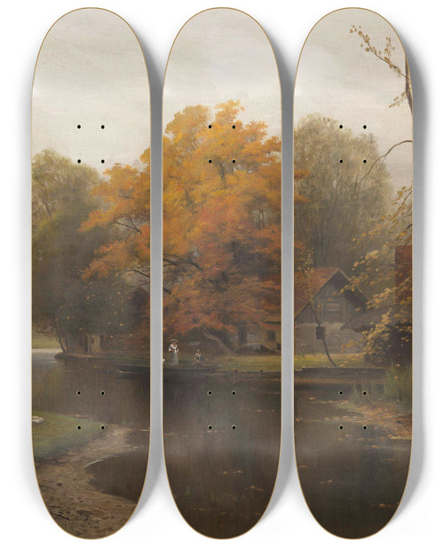 Triptych art skateboard deck of Ludvk Bartk Autumn By The Water by Ludvik Bartak (1857-1921)
