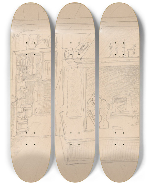 Triptych art skateboard deck of Adolph Tidemand Kjkkeninterir by Adolph Tidemand (1814-1876)