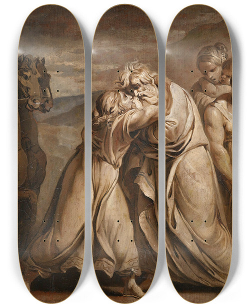Triptych art skateboard deck of Jeanantoine Julien Joseph Meeting His Father Jacob In The Desert At The Frontier Of Egypt by Jean-Antoine Julien (1736-1799)