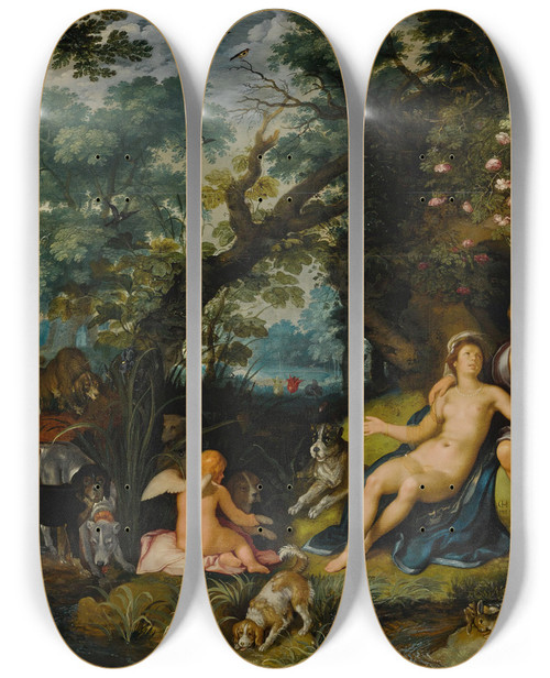 Triptych art skateboard deck of Cornelis Cornelisz Van Haarlem Venus And Adonis Resting In An Extensive Landscape With Cupid And Hunting Dogs And Their Quarries by Cornelis Cornelisz Van Haarlem (1562-1638)