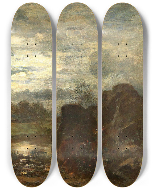 Triptych art skateboard deck of Franz Rumpler Pond Landscape With Jetty And Hut In The Moonlight by Franz Rumpler (1848-1922)