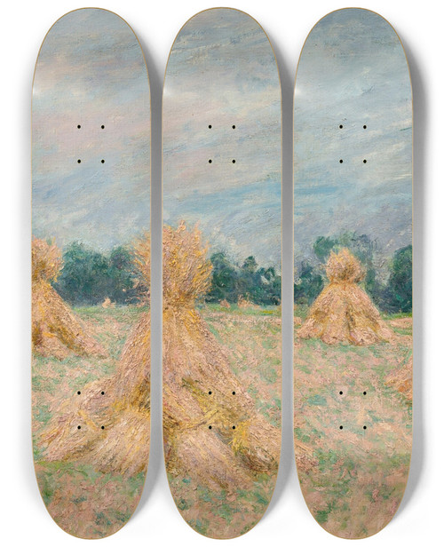 Triptych art skateboard deck of Blanche Hoschedmonet La Moisson Les Moyettes by Blanche Hoschede Monet (1865-1947)