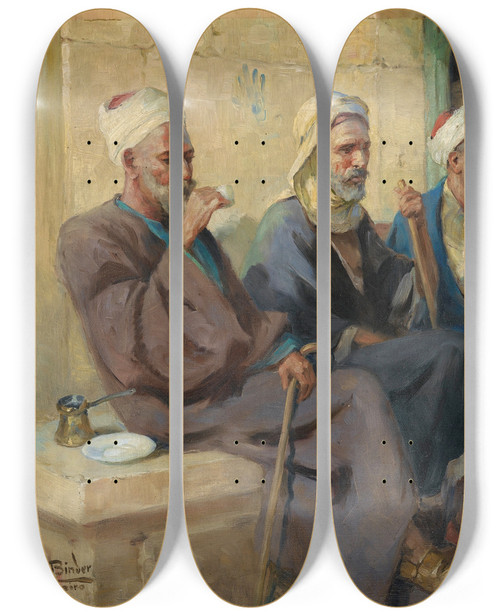 Triptych art skateboard deck of Anton Binder Tea Time by Anton Binder (1868-1944)