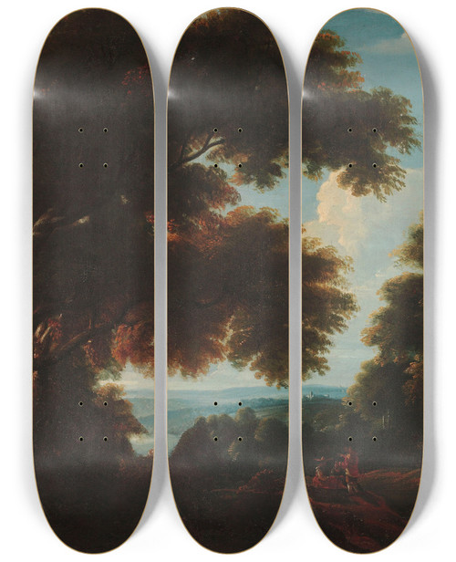 Triptych art skateboard deck of Jacques Darthois Forest Landscape With Figures by Jacques d'Arthois (1613-1686)