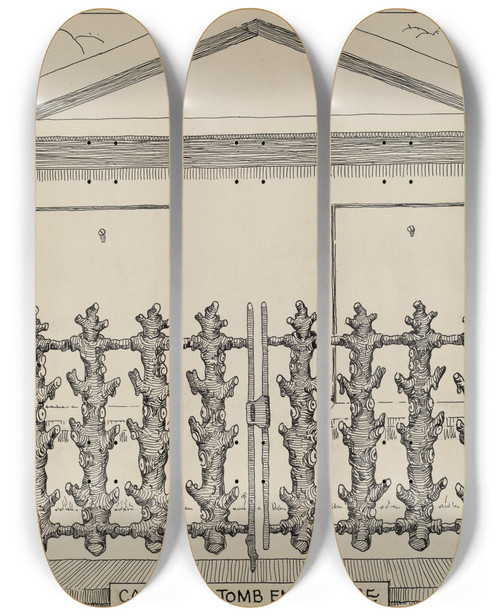 Triptych art skateboard deck of Thomas Byrne Iron Fence Around Tomb by Thomas Byrne