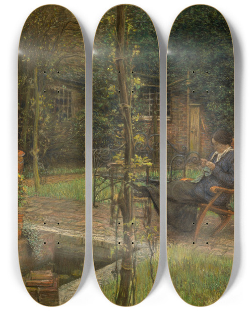 Triptych art skateboard deck of Charles Mertens Garden At Calverley by Charles Mertens (1865-1919)