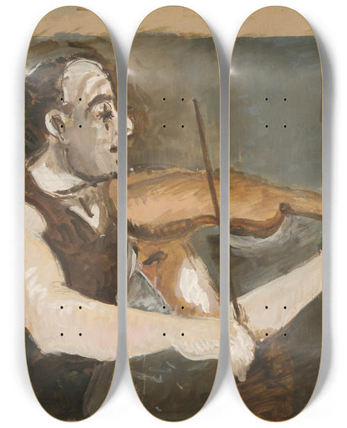 Triptych art skateboard deck of Cyprin Majernk Bullock Gypsy Fiddler On The Back by Cyprian Majernik (1909-1945)