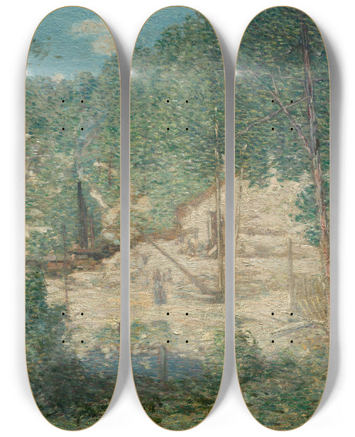 Triptych art skateboard deck of Julian Alden Weir The Building Of The Dam by Julian Alden Weir (1852-1919)