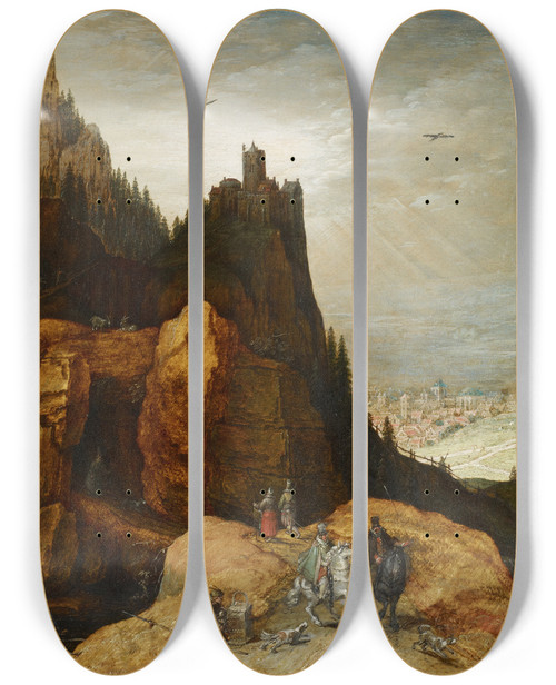 Triptych art skateboard deck of Tobias Verhaecht Alpine Landscape With Castle by Tobias Verhaecht (1561-1631)