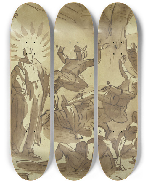 Triptych art skateboard deck of Luca Cambiaso Christus Wirft Durch Seine Stimme Die Ihn Gefangennehmenden Soldaten Nieder by Luca Cambiaso (1527-1585)