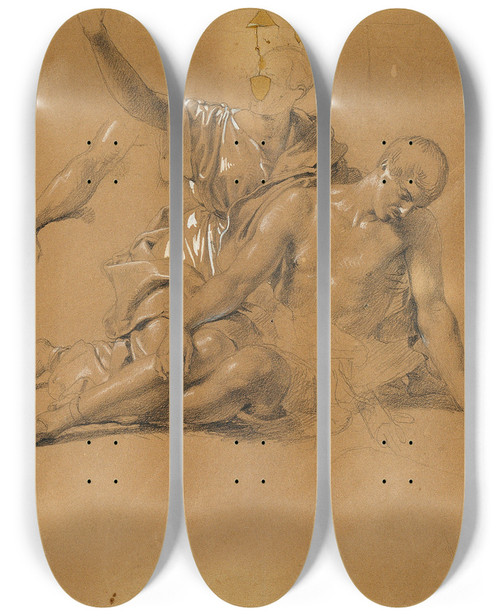 Triptych art skateboard deck of Johann Peter Krafft Studie Zu Arindal Und Daura by Johann Peter Krafft (1780-1856)