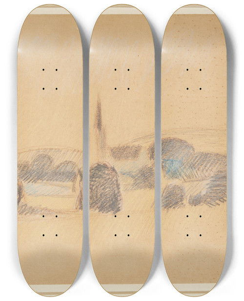 Triptych art skateboard deck of Harald Giersing Udsigt Mod Svanninge Kirke by Harald Giersing (1881-1927)
