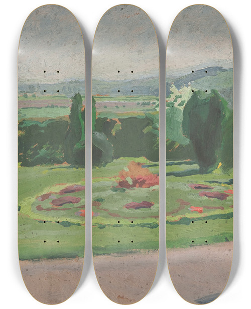 Triptych art skateboard deck of Jzef Mehoffer Flowerbed In Front Of The Manor by Jozef Mehoffer (1869-1946)
