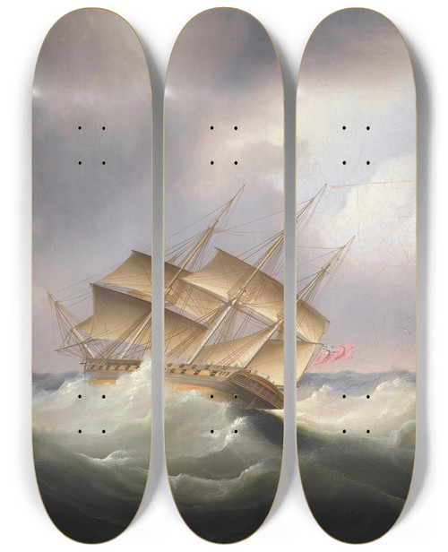 Triptych art skateboard deck of James Edward Buttersworth Frigate Off A Lighthouse by James Edward Buttersworth (1817-1894)