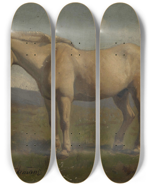 Triptych art skateboard deck of Adolph Tidemand A Dun Horse by Adolph Tidemand (1814-1876)