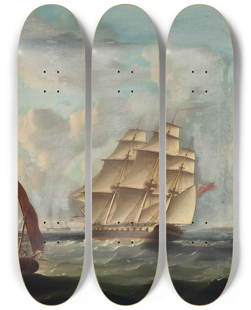 Triptych art skateboard deck of James Edward Buttersworth Frigate Approaching The Mouth Of The Tagus With A Paddle Steamer Passing The Belem Tower Lisbon by James Edward Buttersworth (1817-1894)