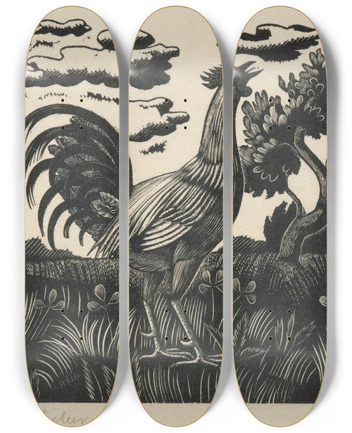 Triptych art skateboard deck of Eric Ravilious Chanticleer by Eric Ravilious (1903-1942)