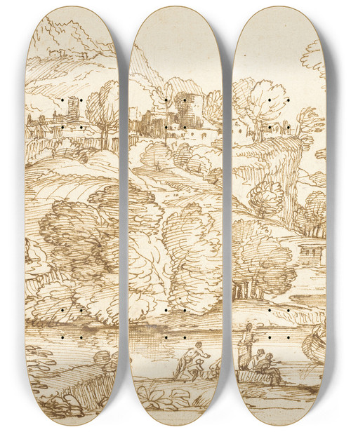 Triptych art skateboard deck of Giovanni Francesco Grimaldi Landscape With River And Figures by Giovanni Francesco Grimaldi (1606-1680)