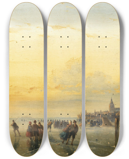 Triptych art skateboard deck of Nicolaas Johannes Roosenboom Numerous Skaters Near A Town by Nicolaas Johannes Roosenboom (1805-1880)