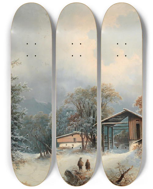 Triptych art skateboard deck of Albert Lang Winter Landscape With Decorative Figures by Albert Lang (1847-1933)