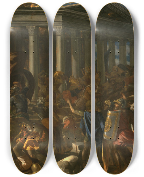 Triptych art skateboard deck of Nicolas Poussin The Destruction And Sack Of The Temple Of Jerusalem by Nicolas Poussin (1594-1665)