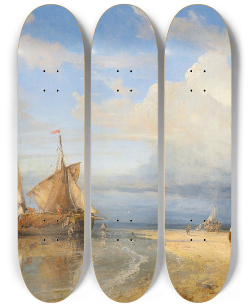 Triptych art skateboard deck of Charles Euphrasie Kuwasseg Unloading The Catch by Charles Euphrasie Kuwasseg (1833-1904)