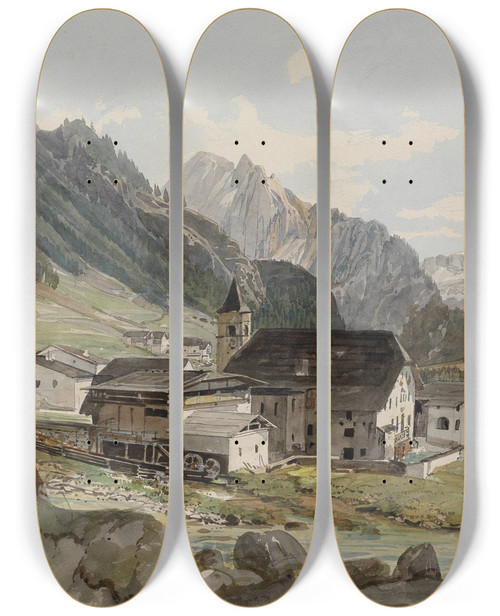 Triptych art skateboard deck of Thomas Ender Bergdorf Mit Einer Kleinindustrieanlage by Thomas Ender (1793-1875)