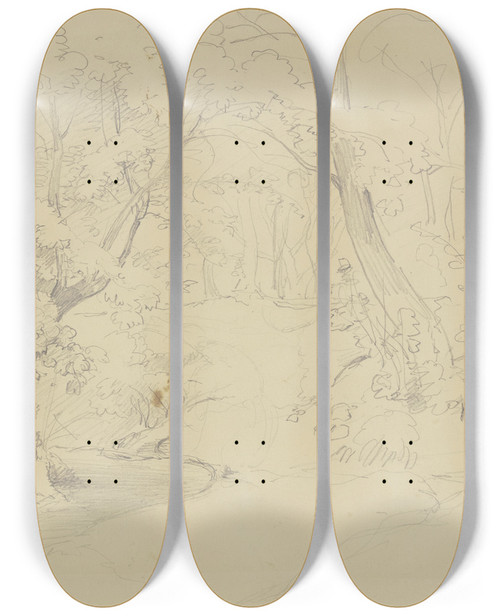 Triptych art skateboard deck of Jakob Becker Studies Of Branches by Jakob Becker (1810-1872)