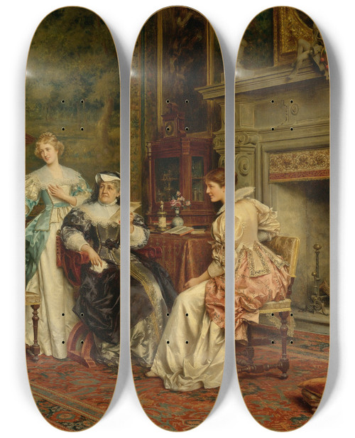 Triptych art skateboard deck of Tito Conti The Introduction by Tito Conti (1842-1924)